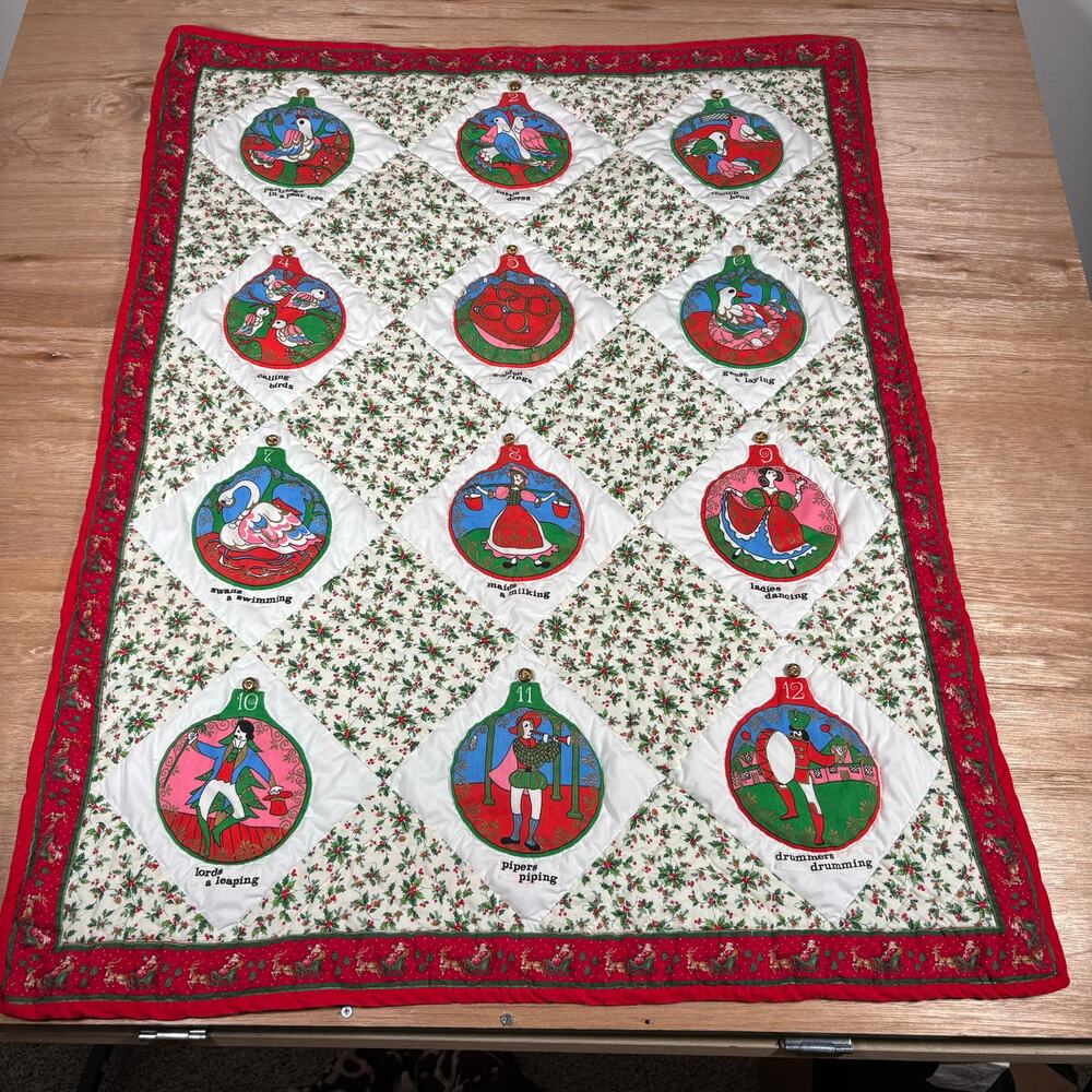 Hand Made Red Twelve Days of Christmas Wall Hanging Blanket Quilt